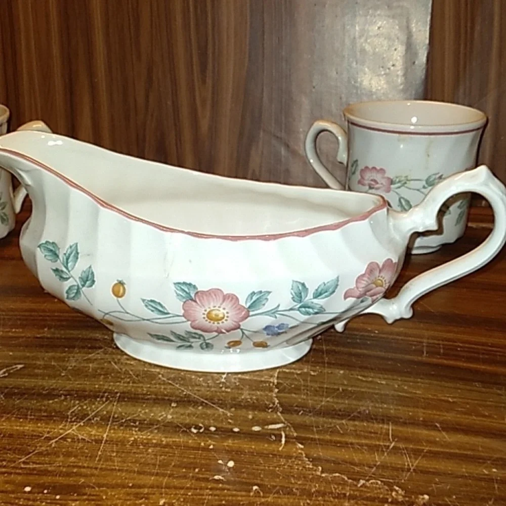 Churchill England Briar Rose creamer sugar salt pepper gravy boat cups